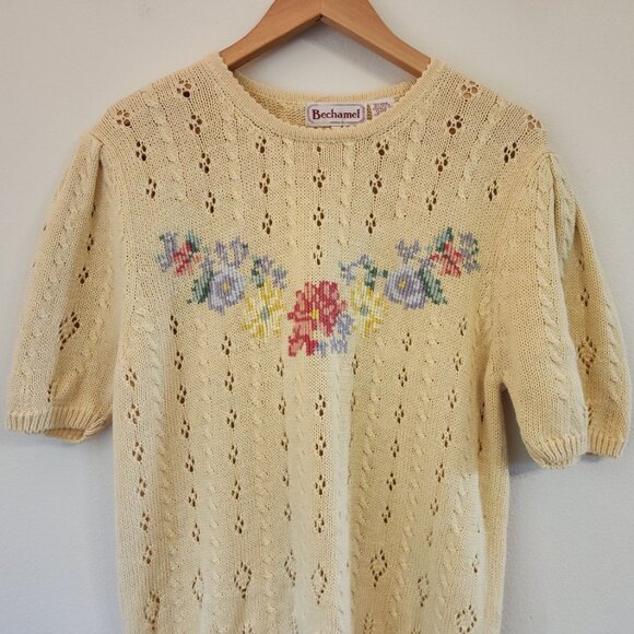 Vintage Bechamel Short Slv Sweater Knit Cross Stich Top USA Women M Retro 80's - Picture 3 of 12